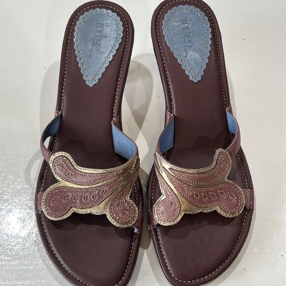 Clarks Indigo Purple Leather Open Toe Sandals Gold Kitten Heels Embroidered 9 - Picture 5 of 10